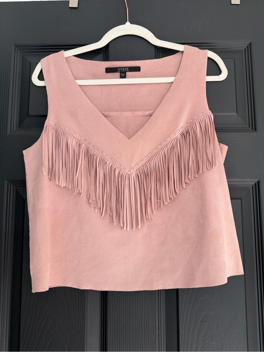 GUESS Dusty Pink Suede Fringe V-Neck Tank Top